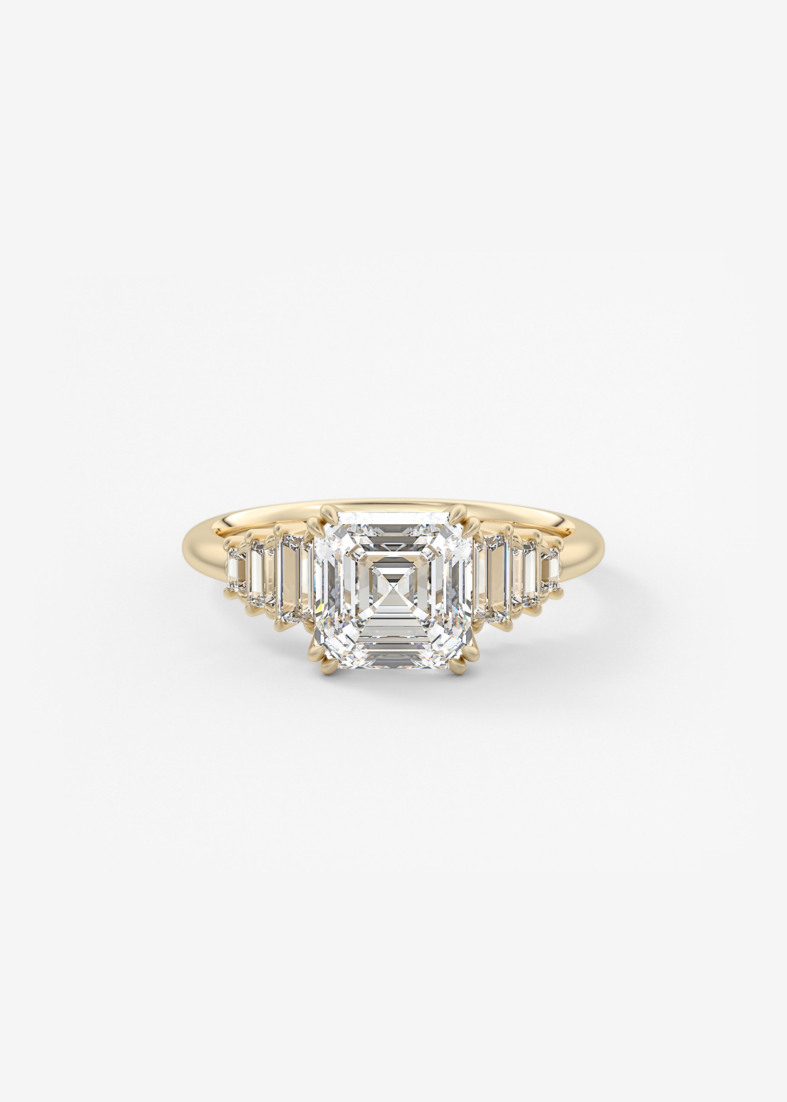 The Bombshell  engagement in YG metal featuring Asscher cut with Three Stone,Cluster,Prong,Vintage Inspired setting