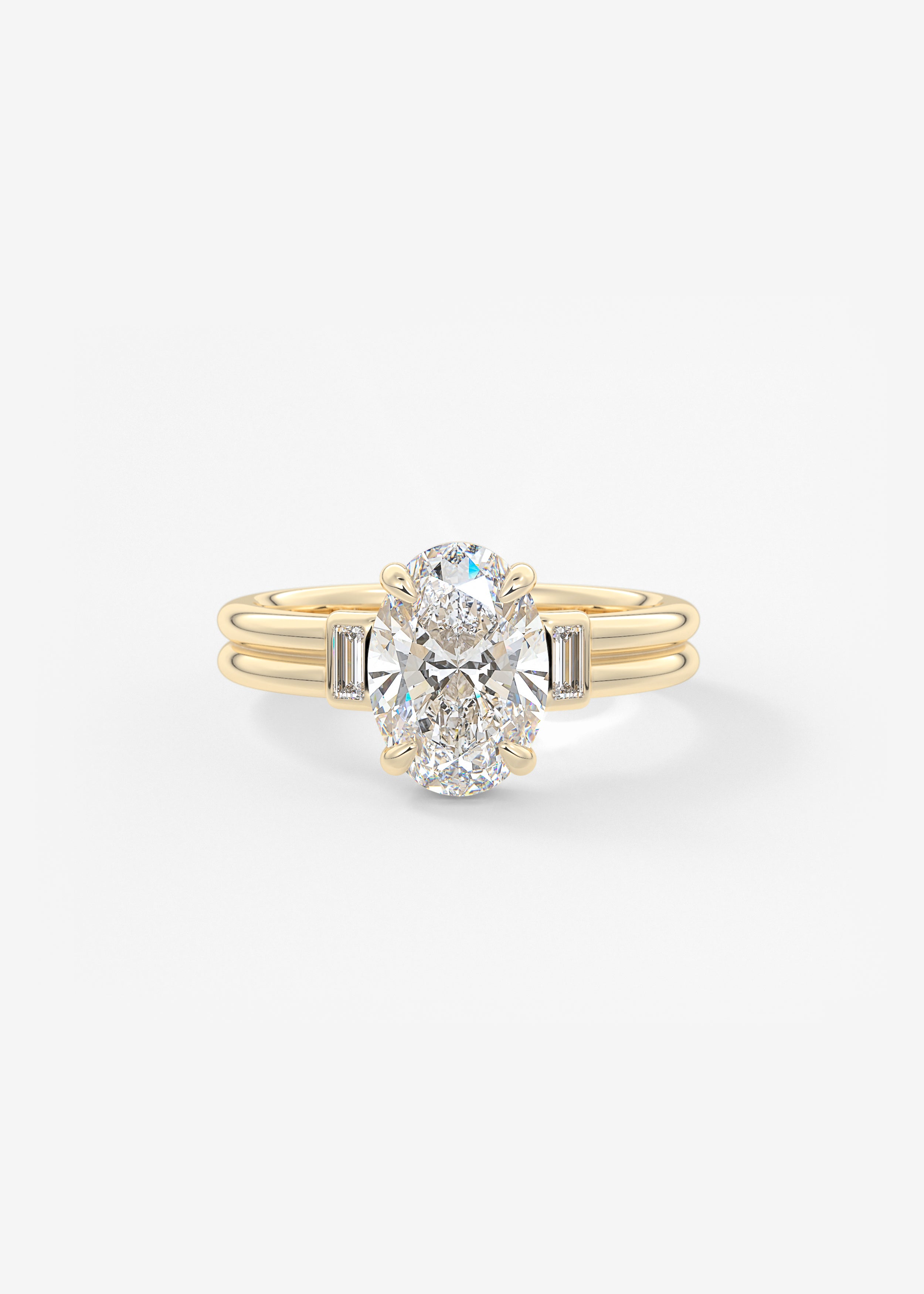 The Double Stack engagement in YG metal featuring Oval cut with Three Stone,Prong,Chunky setting