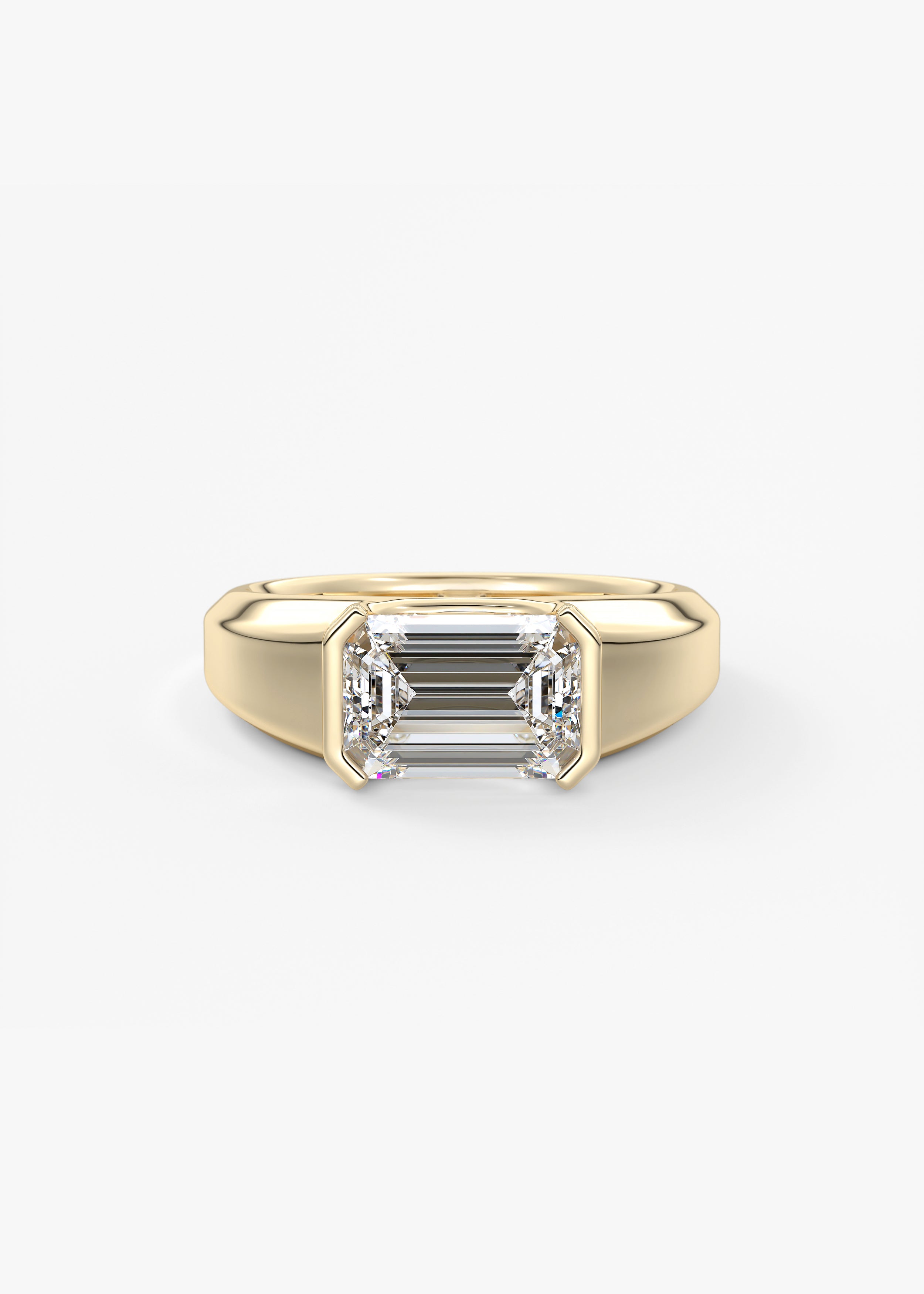 The Lunette Edge  engagement in YG metal featuring Emerald,Radiant cut with Solitaire,Half Bezel,Chunky setting