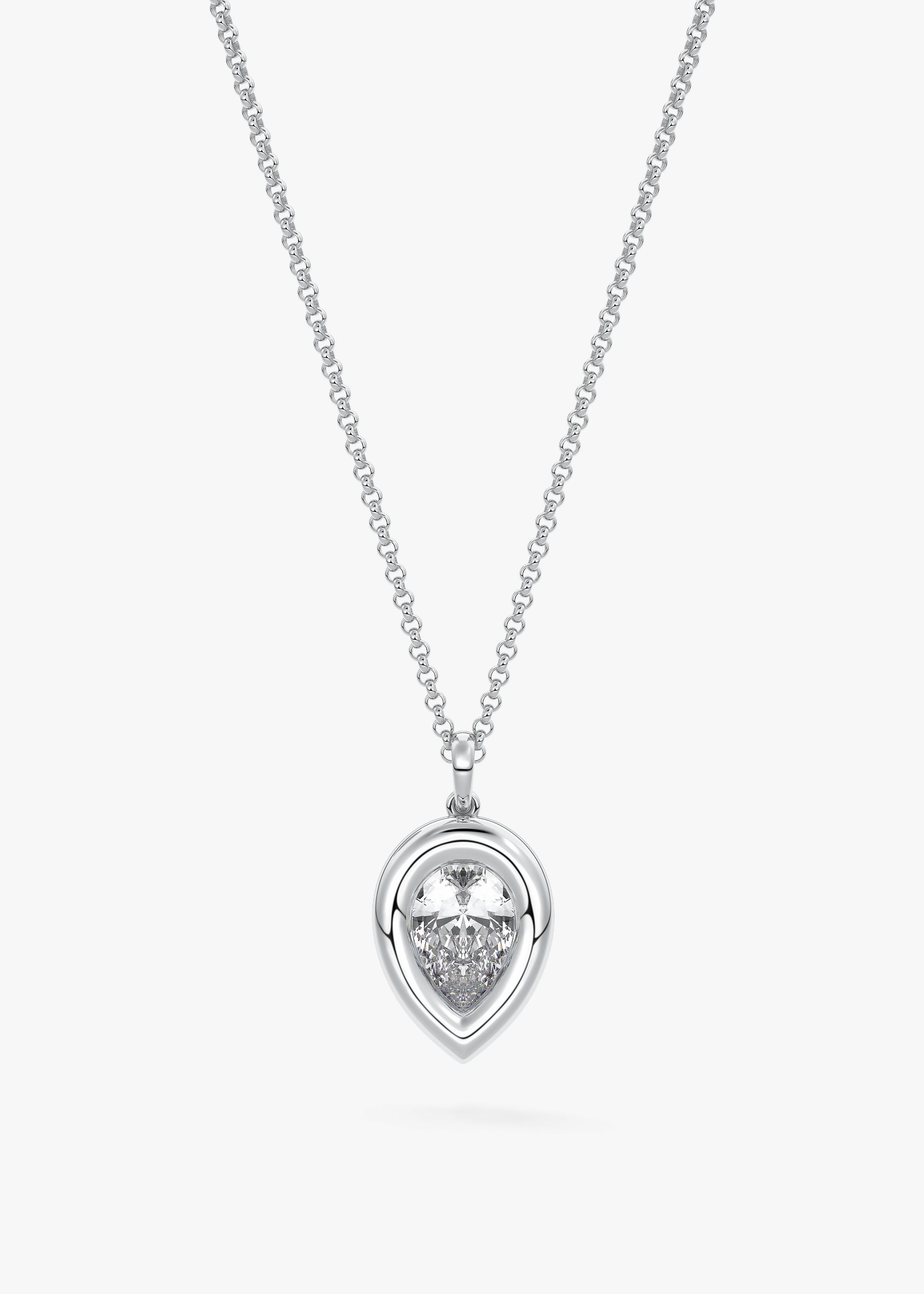The Gumdrop necklace in WG metal featuring Pear cut with Bezel setting