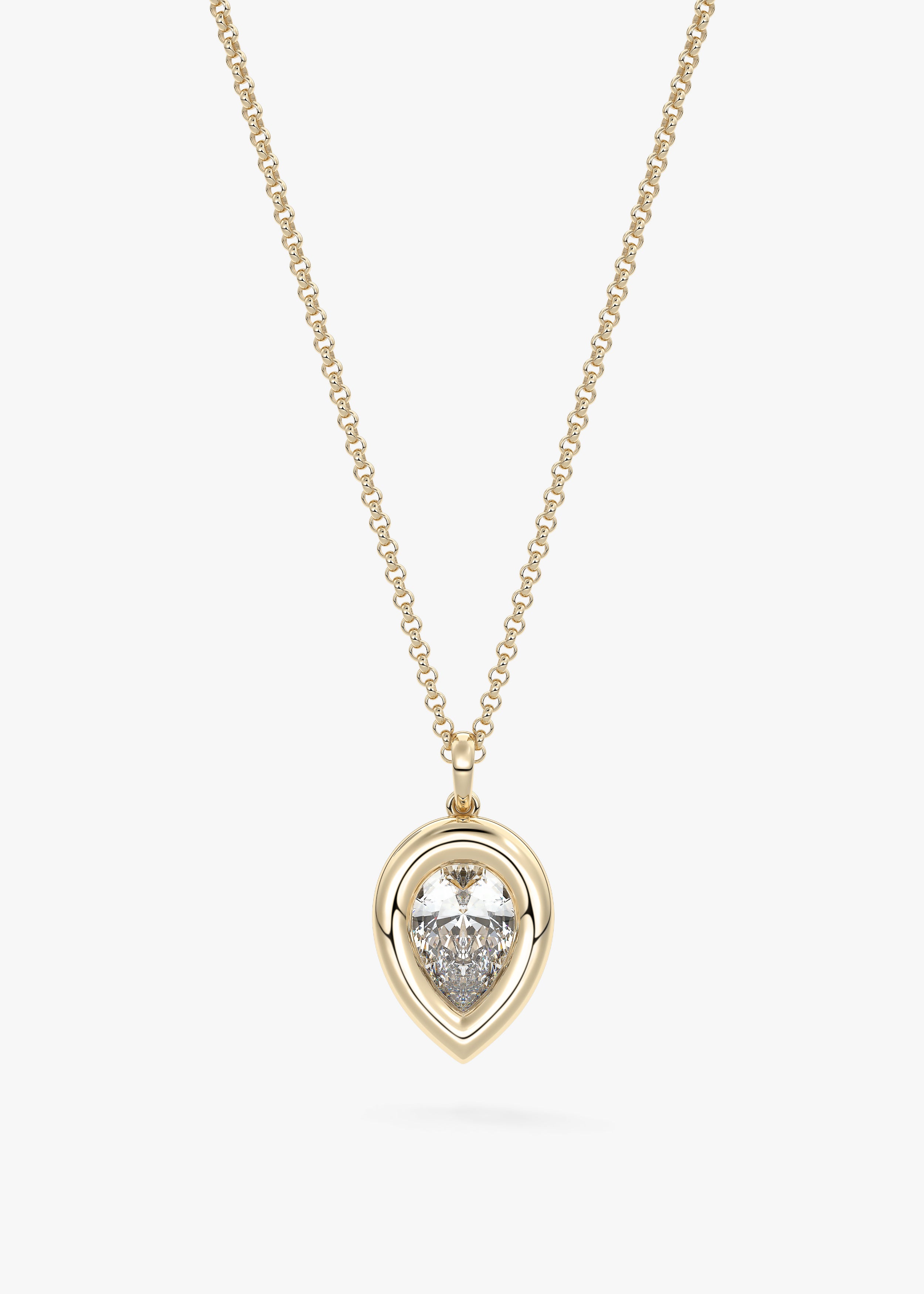 The Gumdrop  necklace in YG metal featuring Pear cut with Bezel setting
