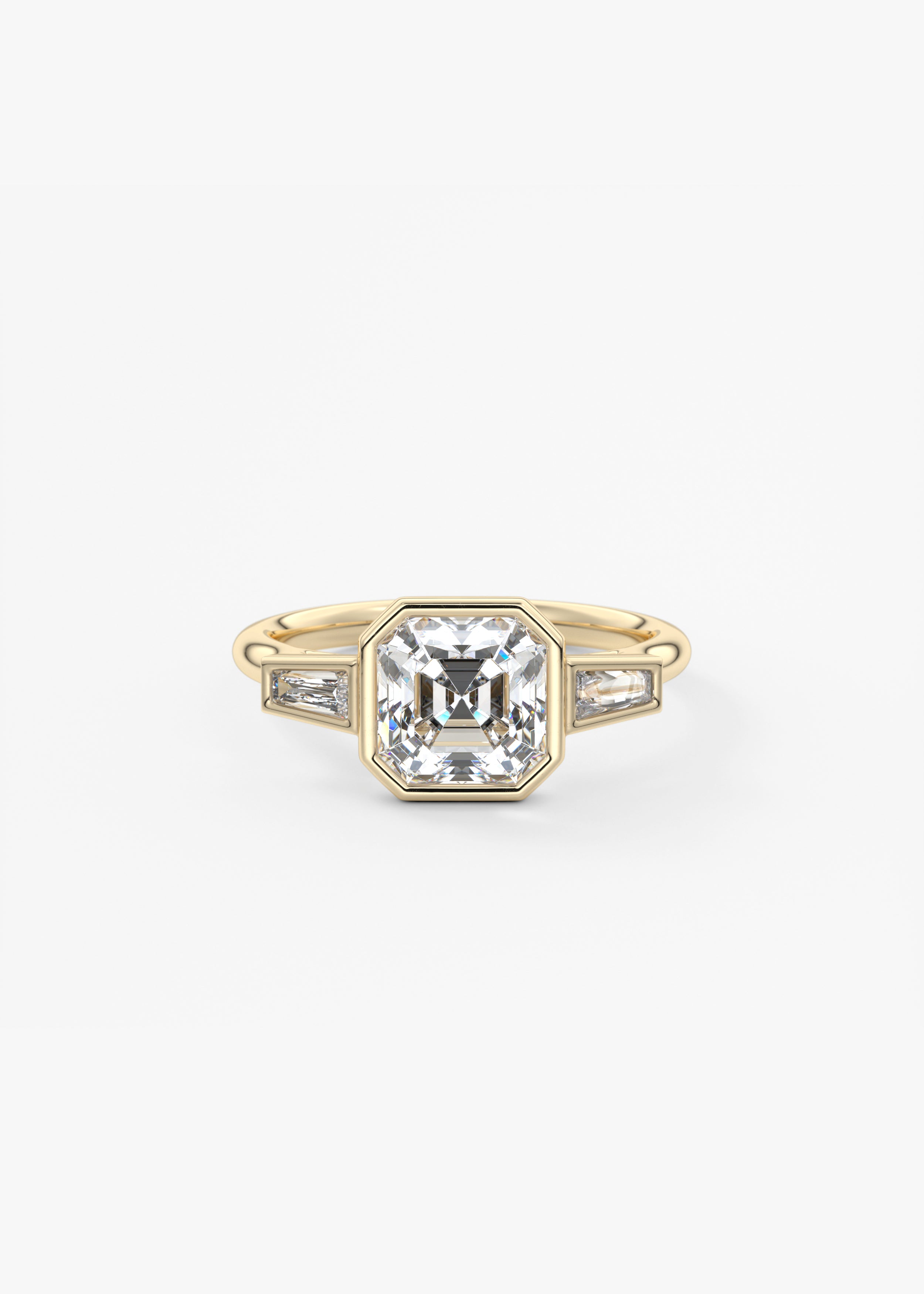 The Triple Bezel  engagement in YG metal featuring Asscher cut with Three Stone,Bezel setting