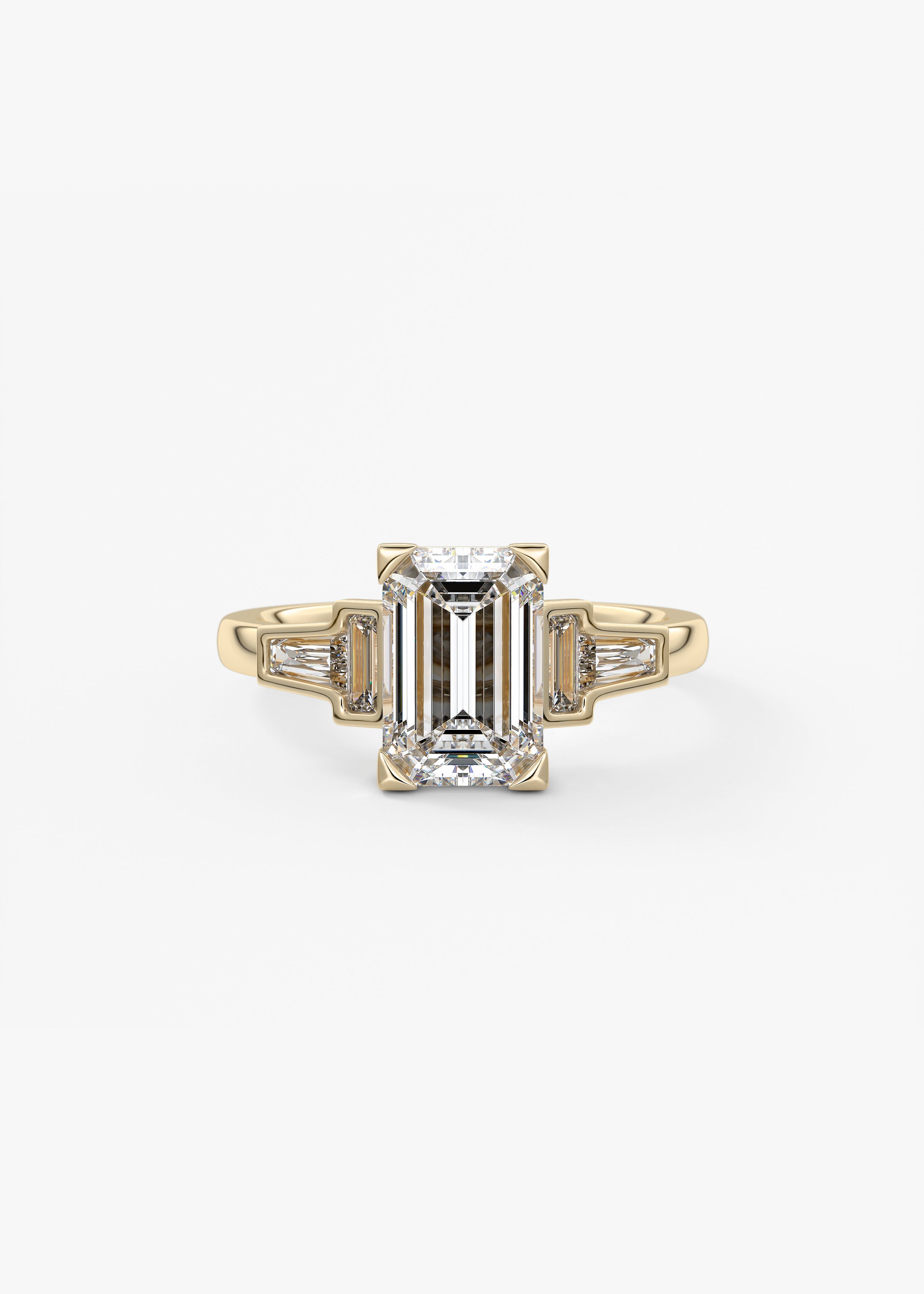 The Mosaic  engagement in YG metal featuring Emerald,Radiant cut with Five Stone,Prong,Vintage Inspired setting