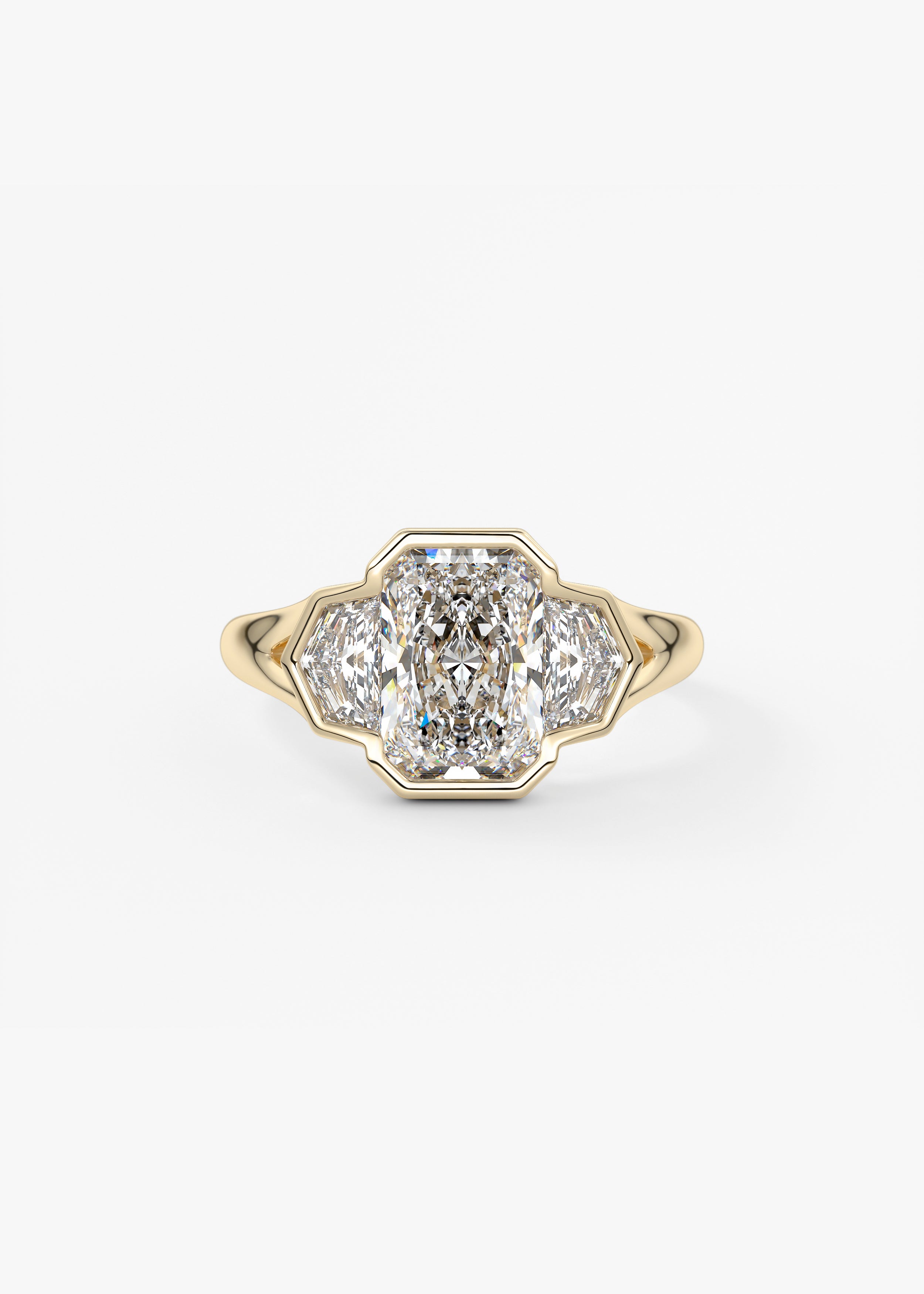 The Deco Edge  engagement in YG metal featuring Emerald,Radiant cut with Three Stone,Bezel setting