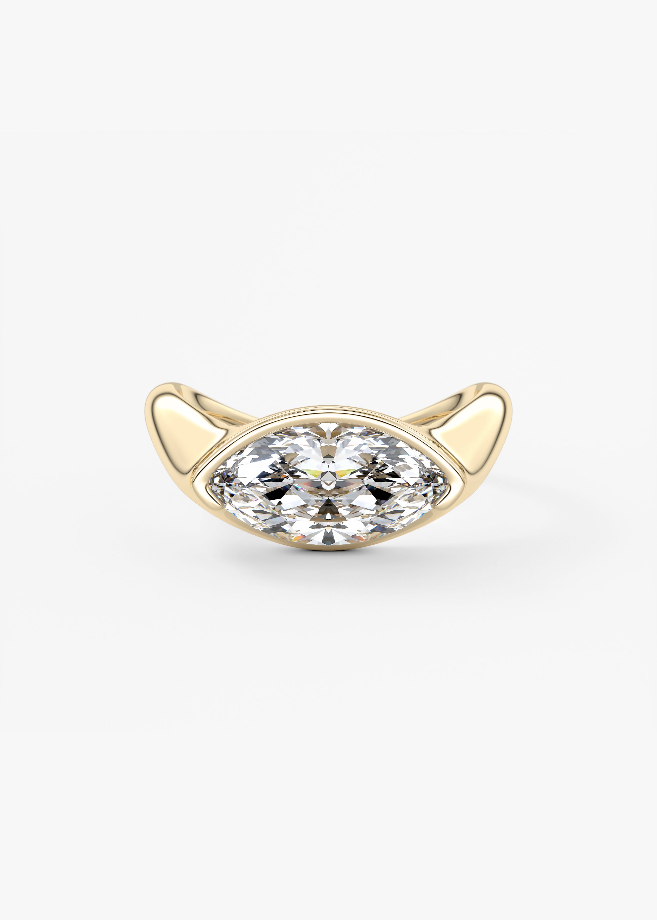 The Ray engagement in YG metal featuring Marquise cut with Solitaire,Half Bezel,Bezel,East West,Chunky setting