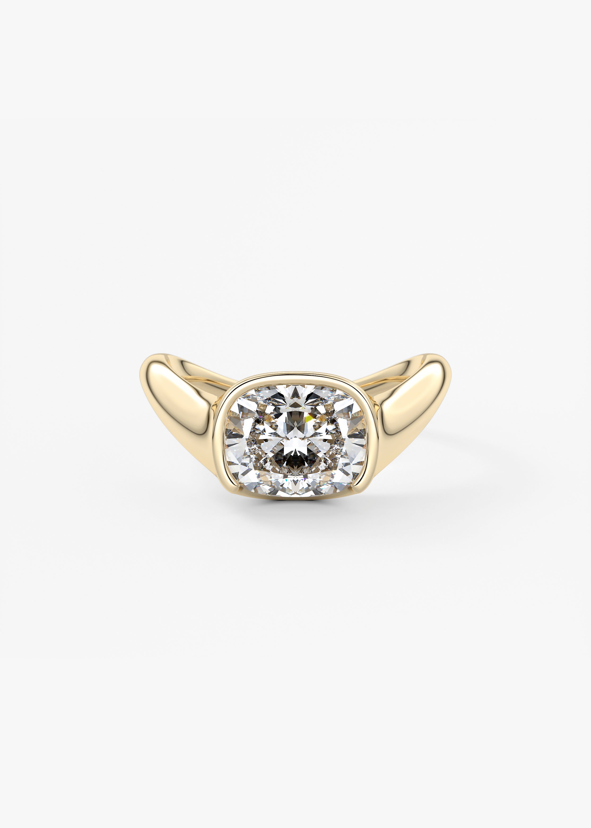 The Ray  engagement in YG metal featuring Cushion,Elongated Cushion,Old Mine cut with Solitaire,Half Bezel,Bezel,East West,Chunky setting