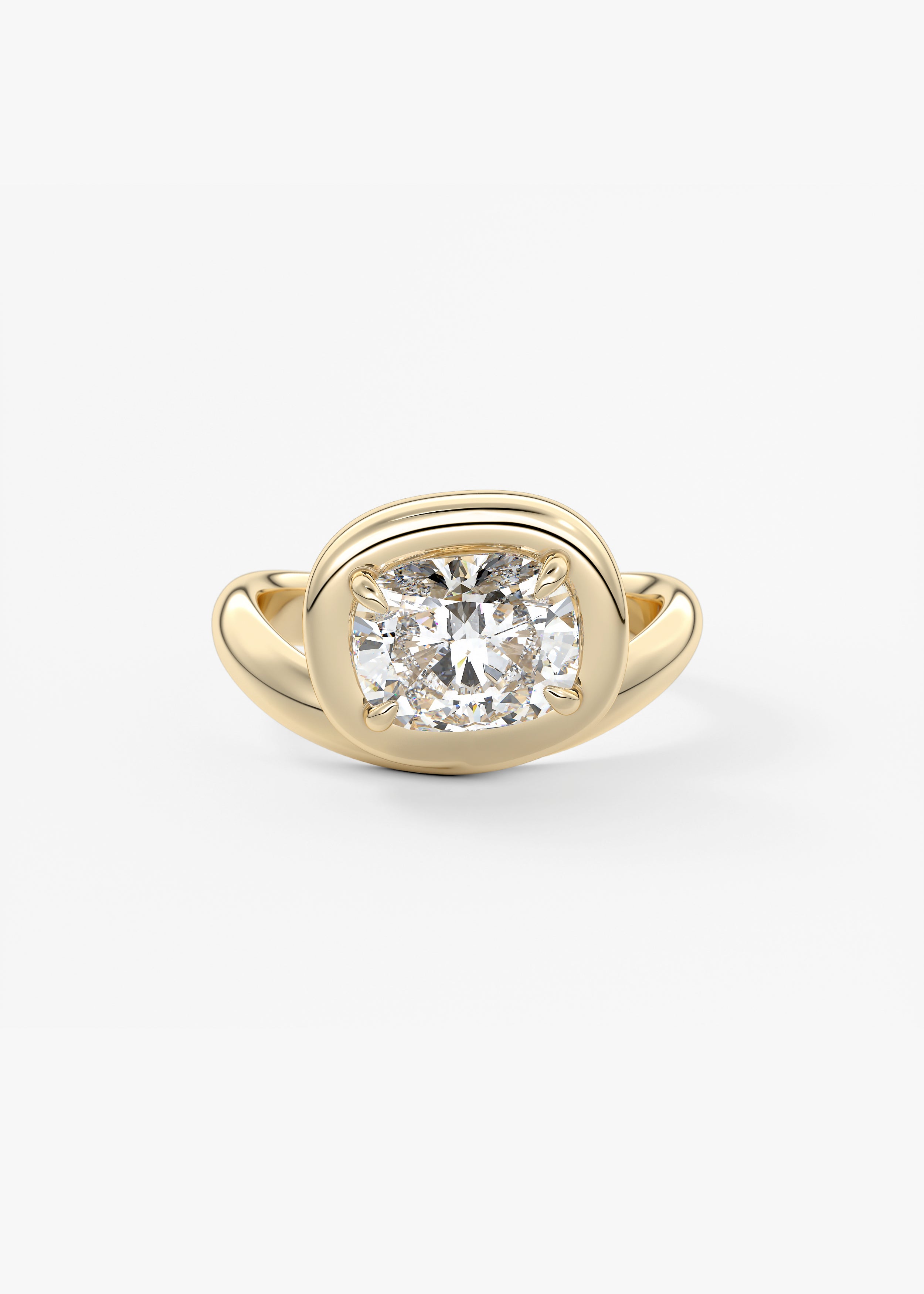 The Noodle  engagement in YG metal featuring Cushion,Elongated Cushion,Old Mine cut with Solitaire,Half Bezel,Bezel,East West,Chunky setting