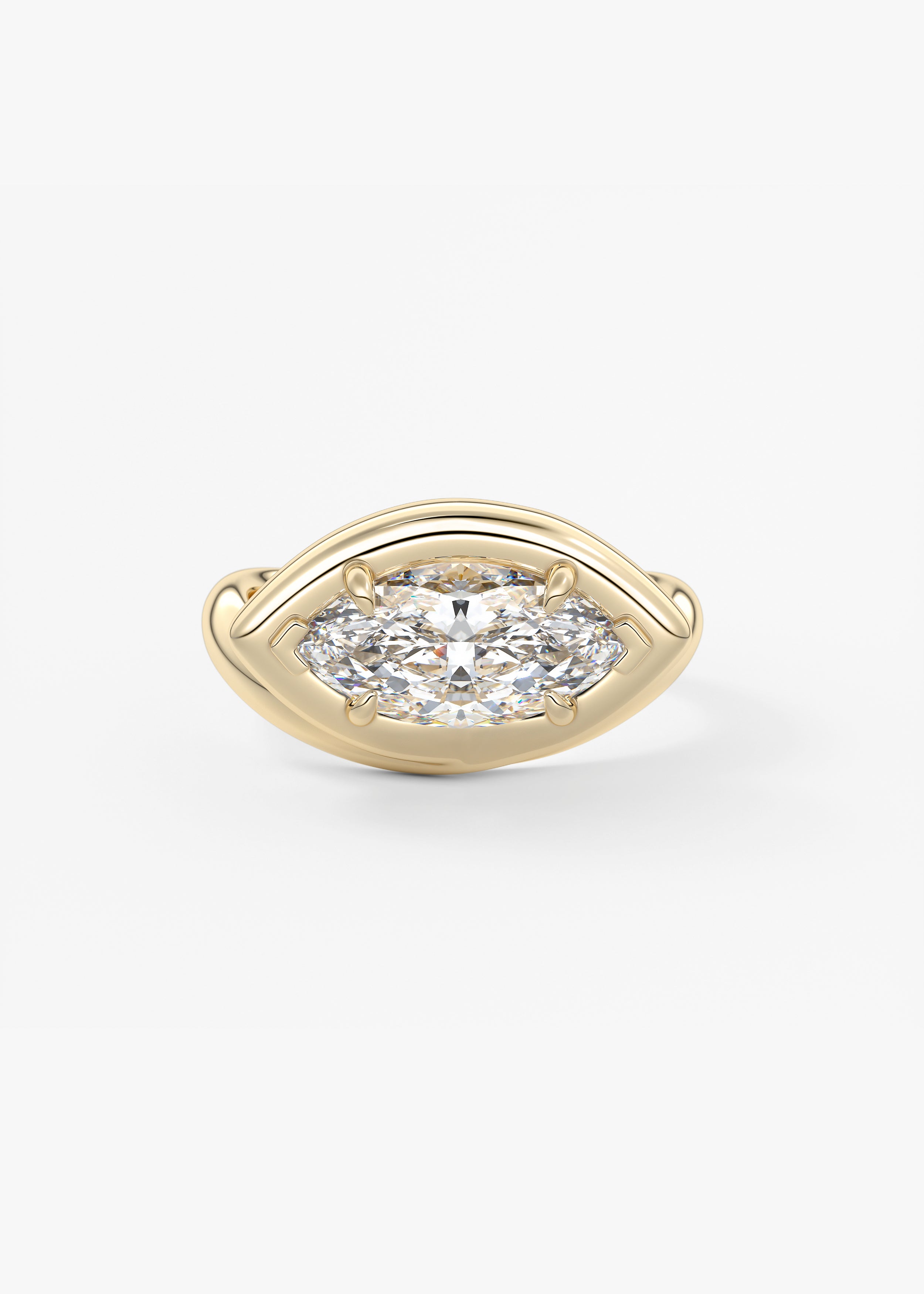 The Noodle engagement in YG metal featuring Marquise cut with Solitaire,Half Bezel,Bezel,East West,Chunky setting