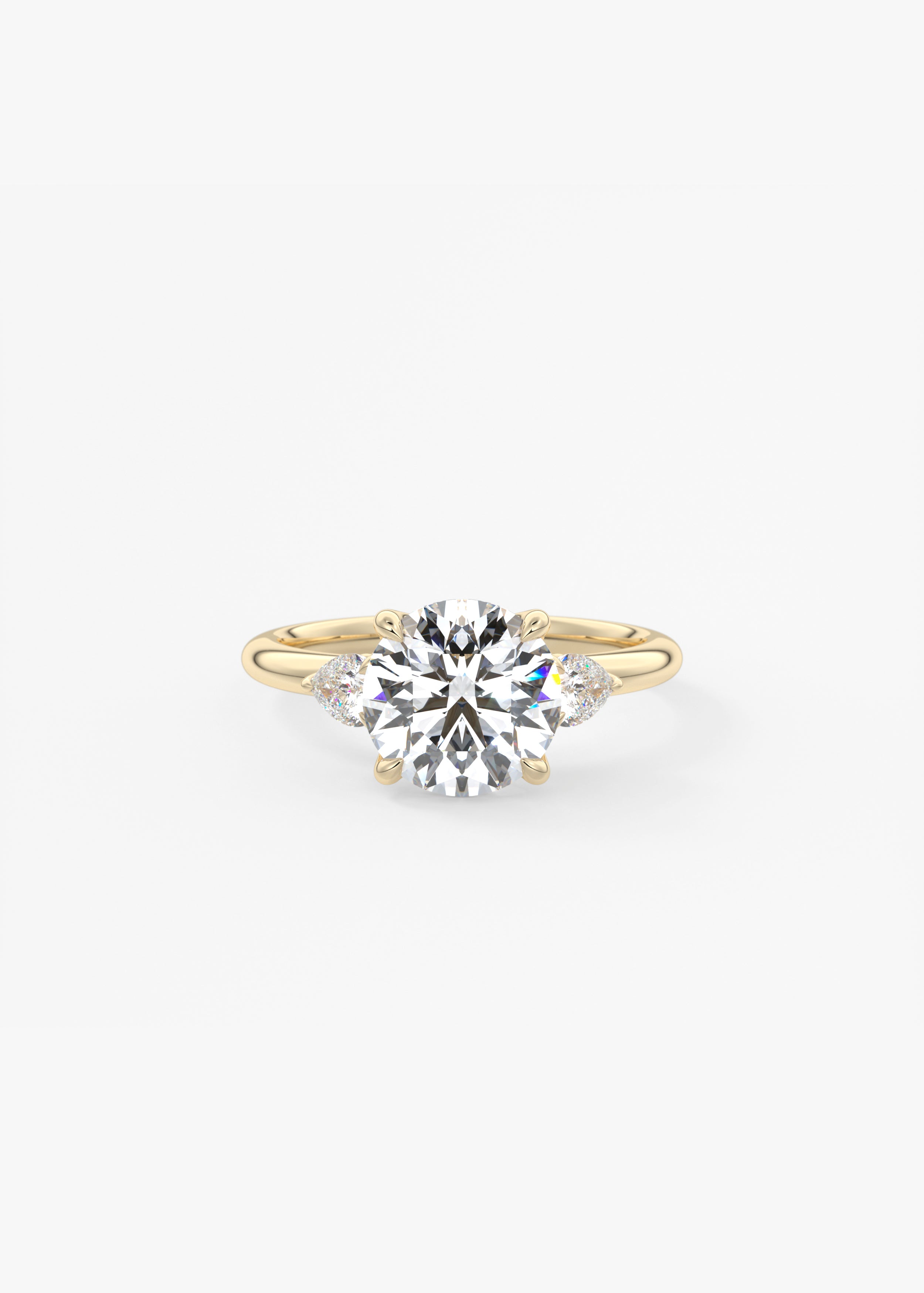 Royale Three Stone  engagement in YG metal featuring Round Brilliant,Old European cut with Three Stone,Prong setting