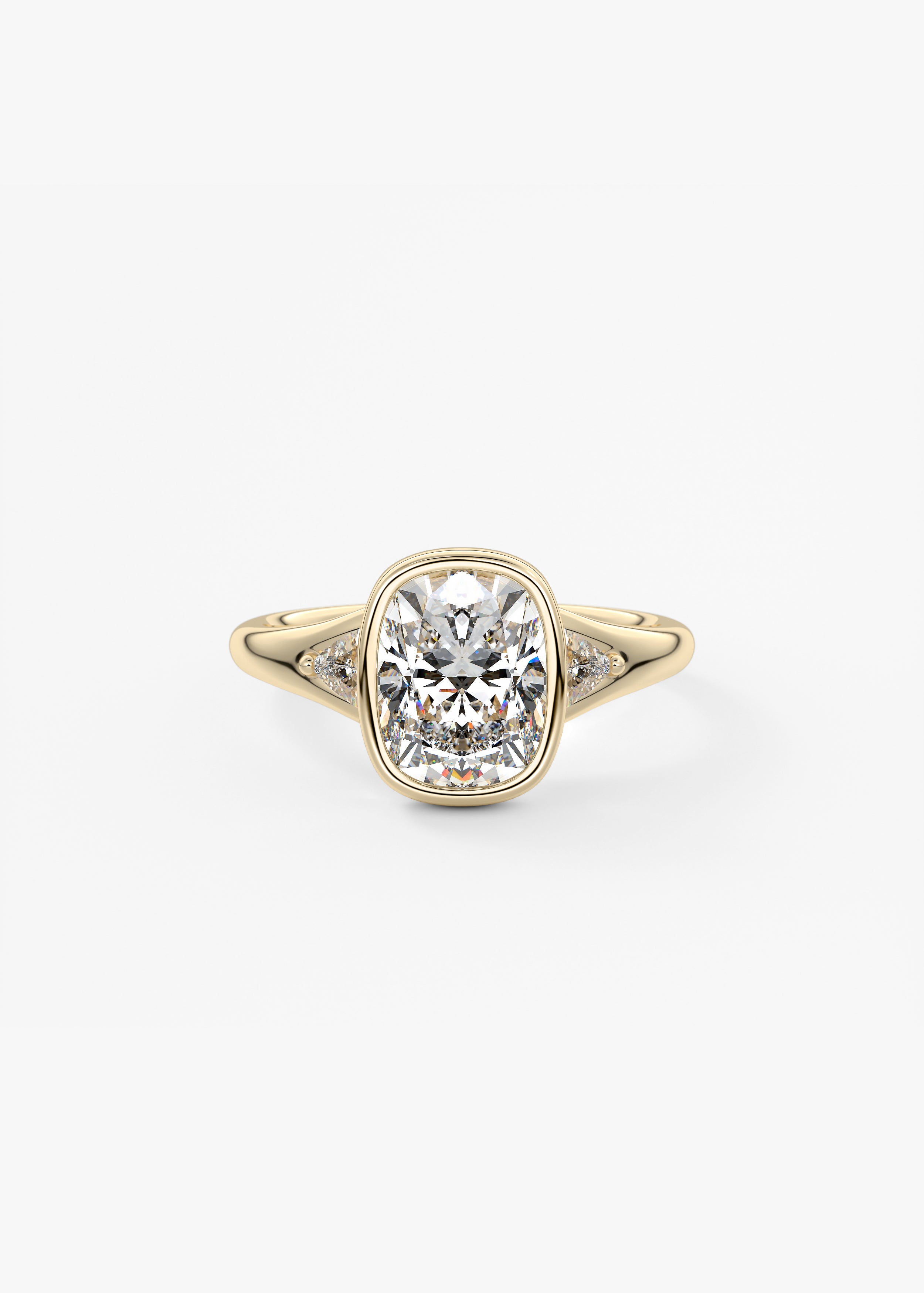 The Symphony Bezel  engagement in YG metal featuring Cushion,Elongated Cushion,Old Mine cut with Three Stone,Bezel,Cluster,Split Shank setting