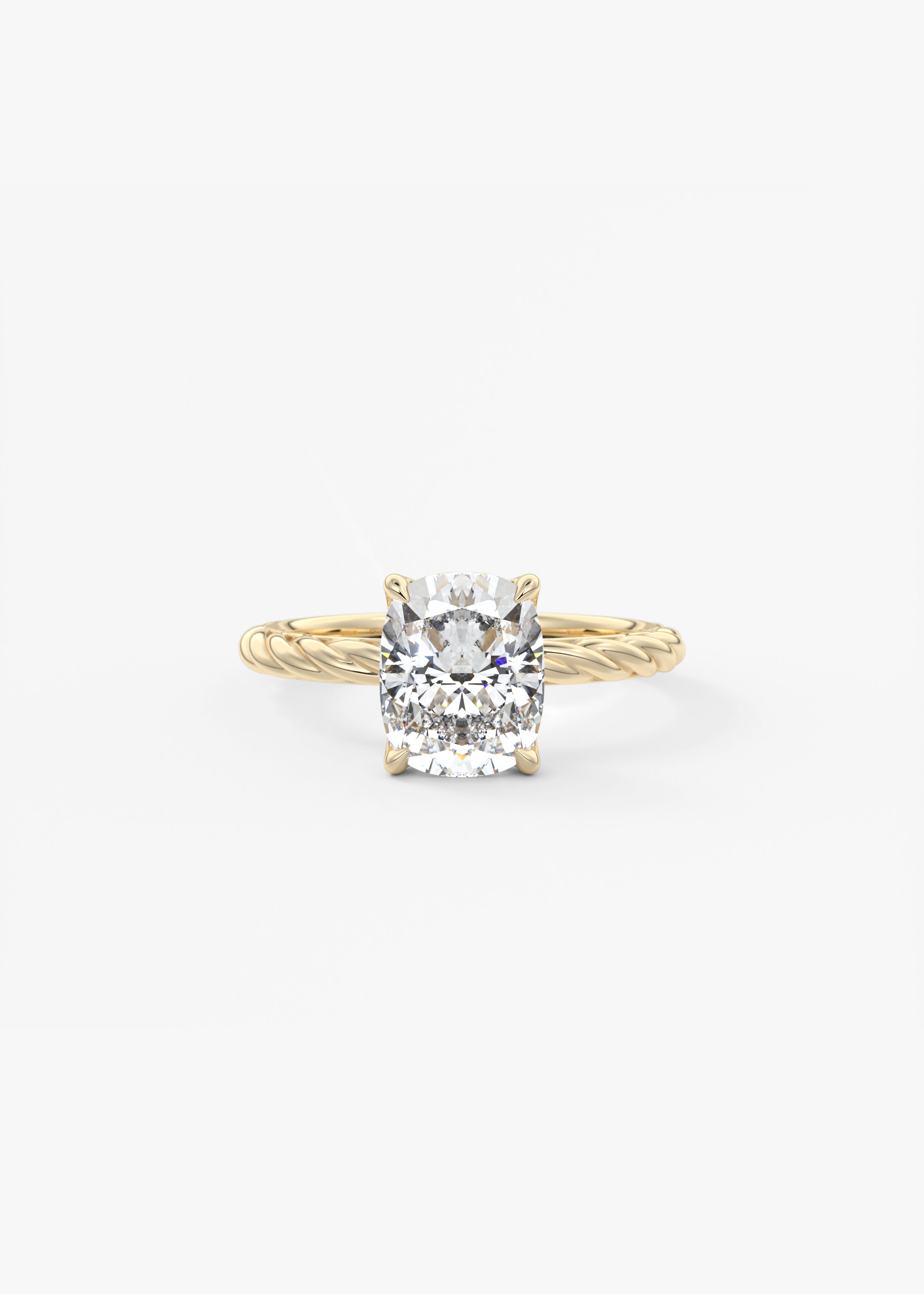 The Rapunzel  engagement in YG metal featuring Cushion,Old Mind,Elongated Cushion cut with Solitaire,Prong,Diamond Details,Hidden Halo,Nature Inspired setting