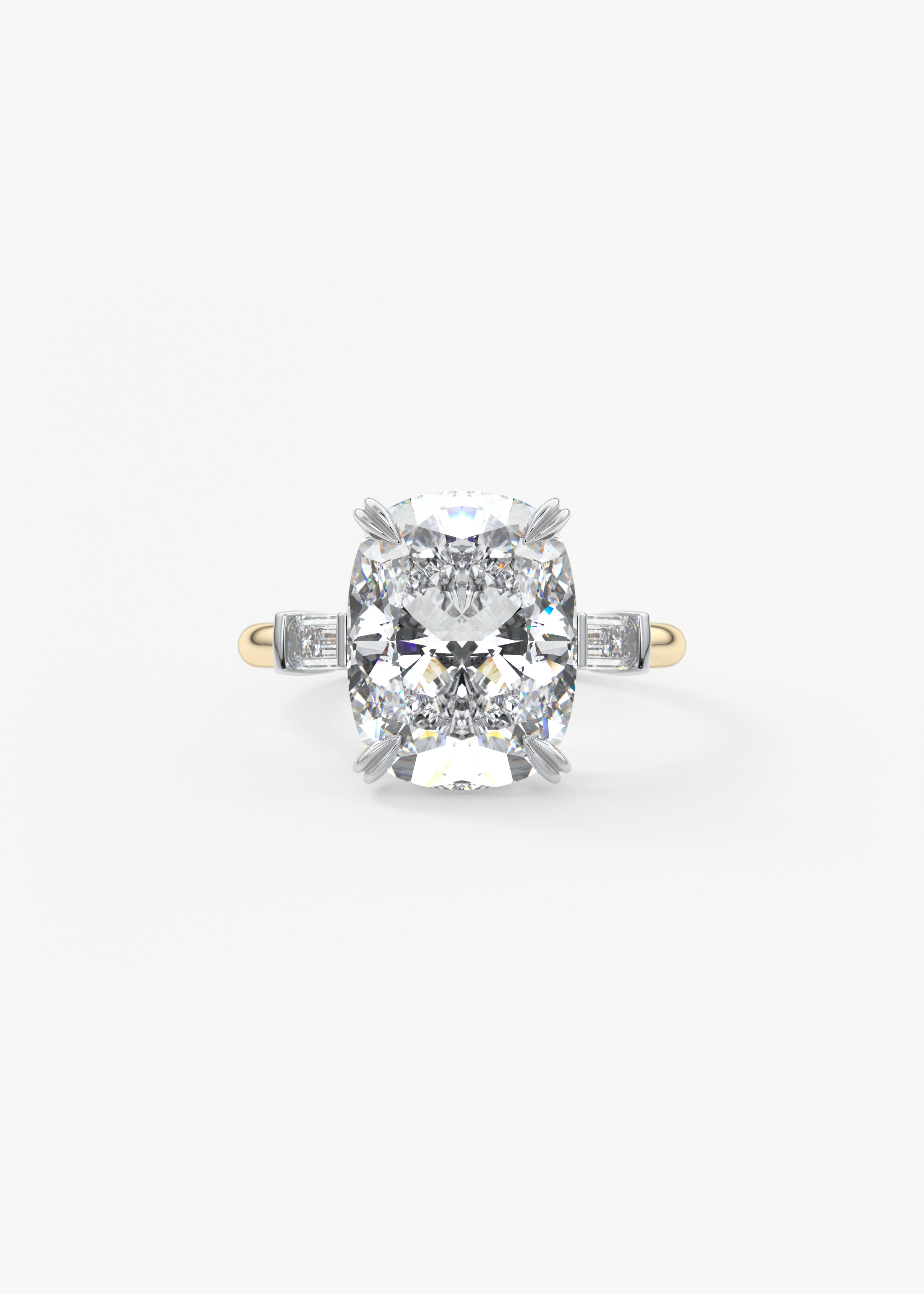 The Margot engagement in YG metal featuring Cushion,Old Mine,Elongated Cushion cut with Prong,Three Stone,Two Tone setting