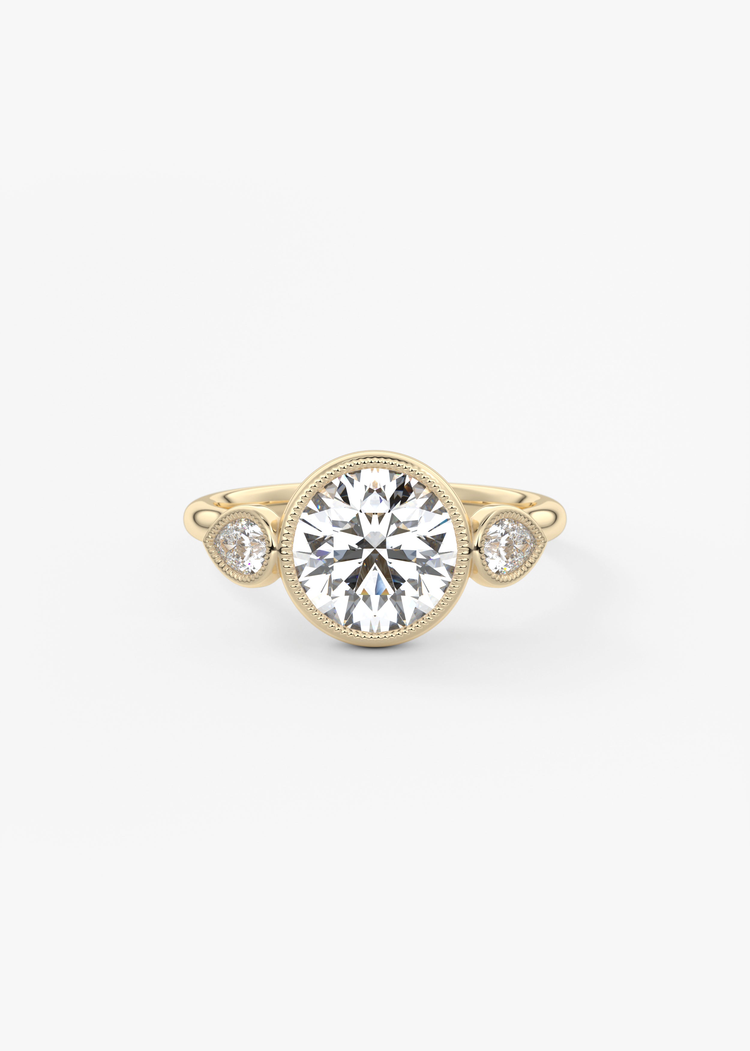 The Millie Three Stone engagement in YG metal featuring Round,Old European cut with Three Stone,Bezel,Vintage Inspired setting