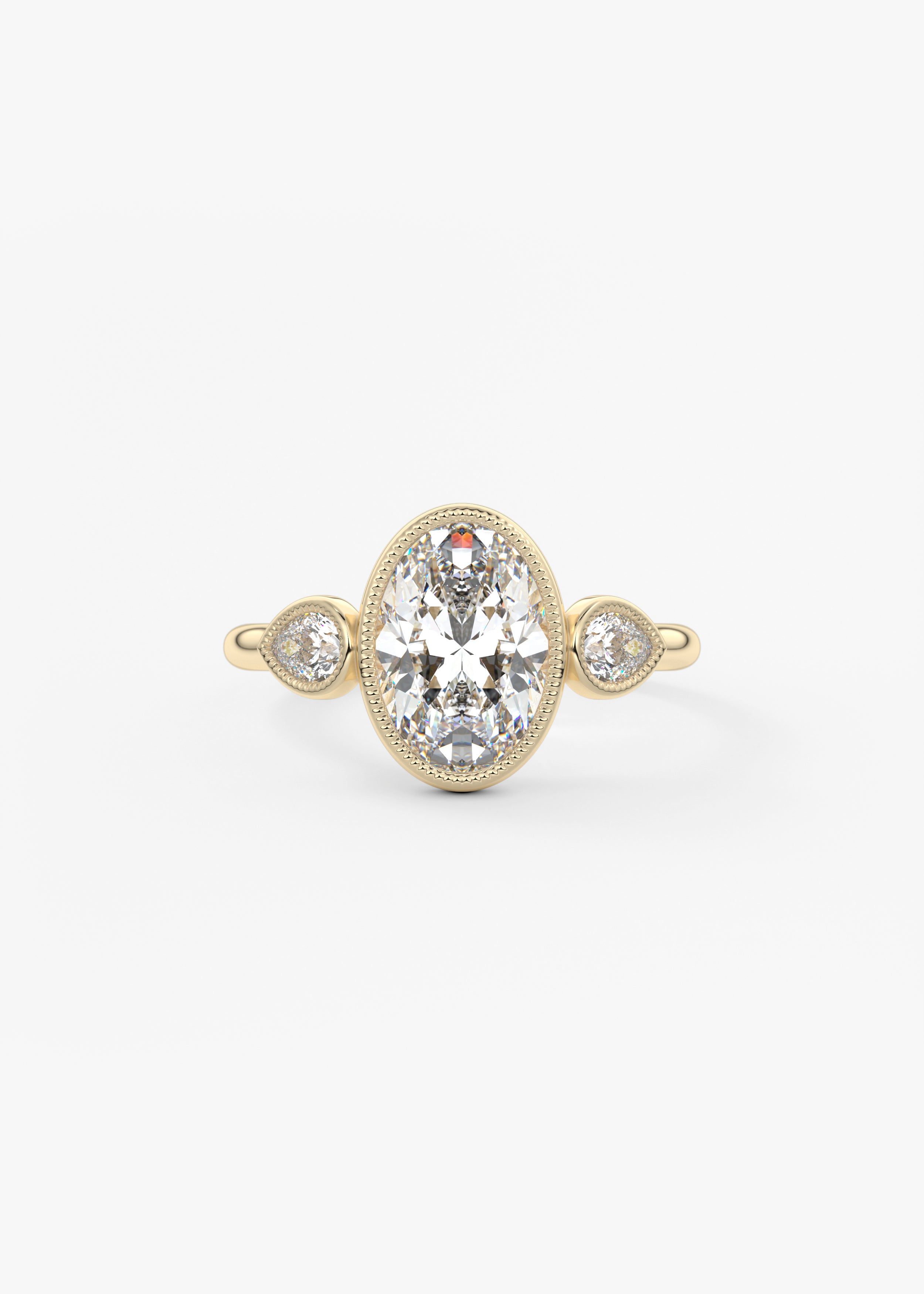 The Millie Three Stone  engagement in YG metal featuring Oval cut with Three Stone,Bezel,Vintage Inspired setting