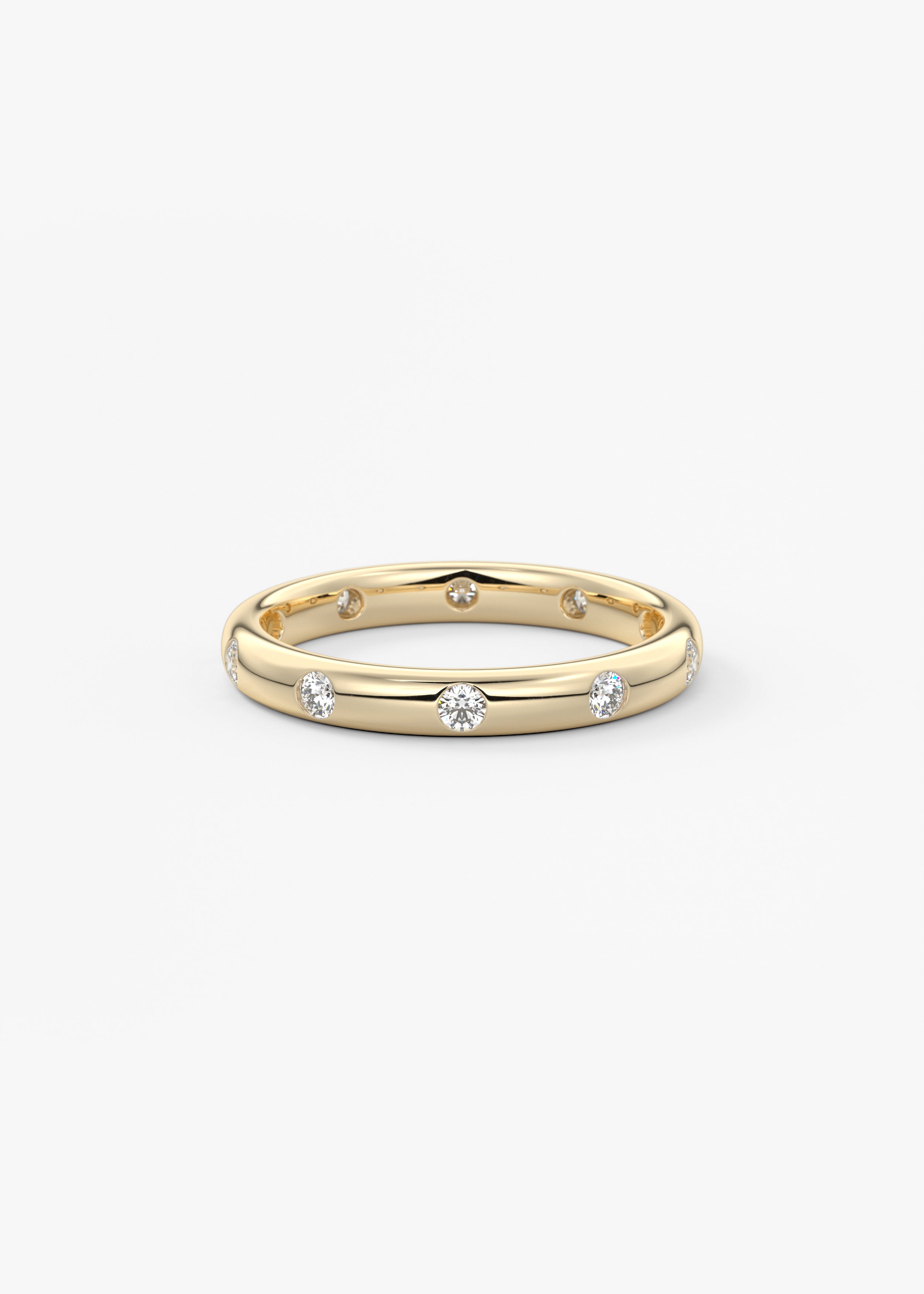 The Round Burnish Band wedding in YG metal featuring None cut with Stacking,Pave setting