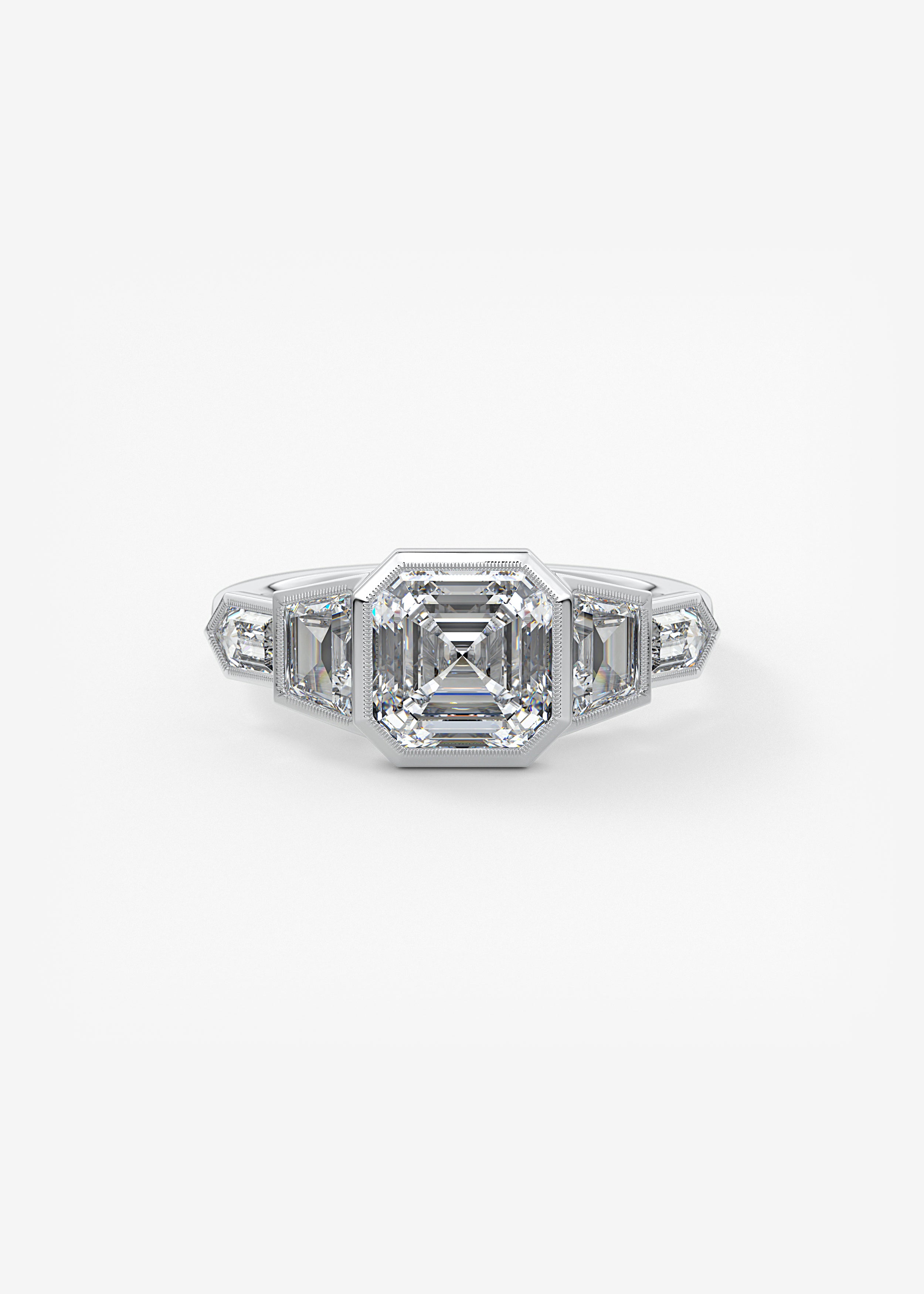 The Deco Bullet  engagement in PL metal featuring Asscher cut with Five Stone,Prong,Vintage Inspired setting