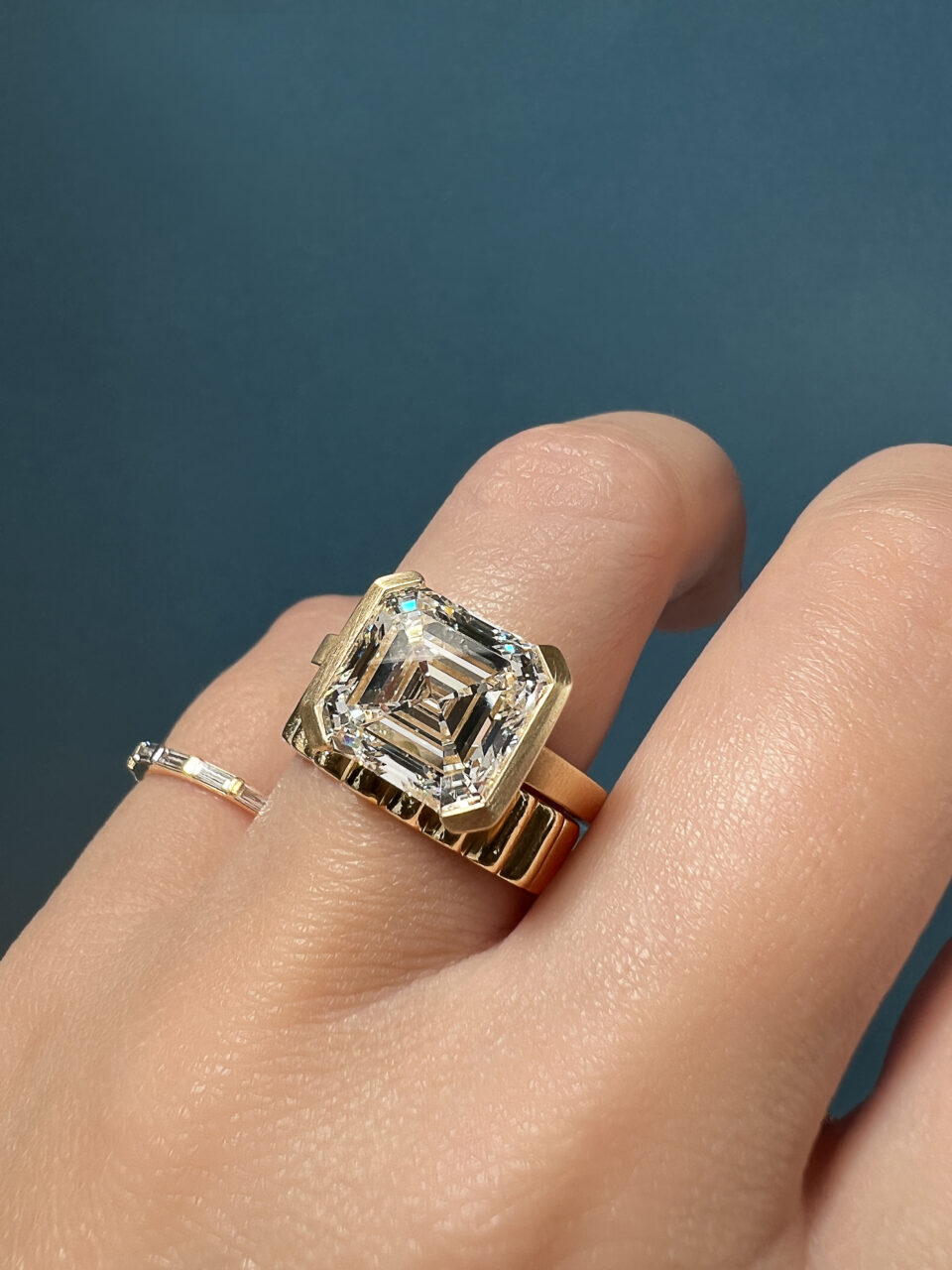 7 carat asscher cut lab created diamond half bezel engagement ring