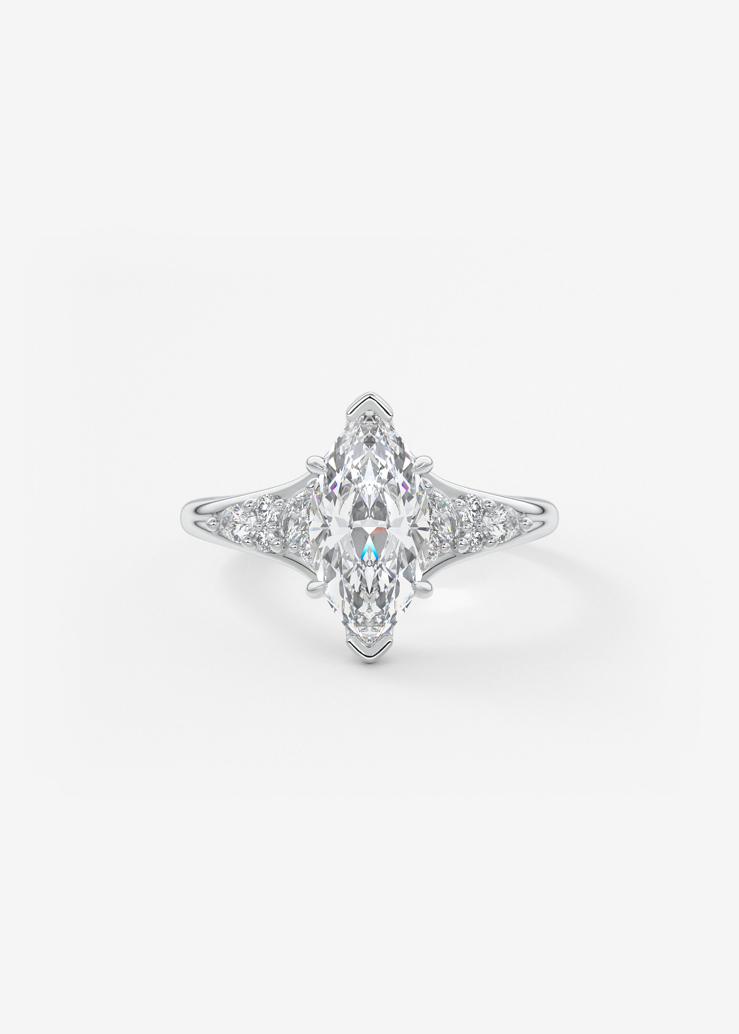 The Posie  engagement in WG metal featuring Marquise cut with Cluster,Prong,Diamond Details,Vintage Inspired,Split Shank,Nature Inspired setting