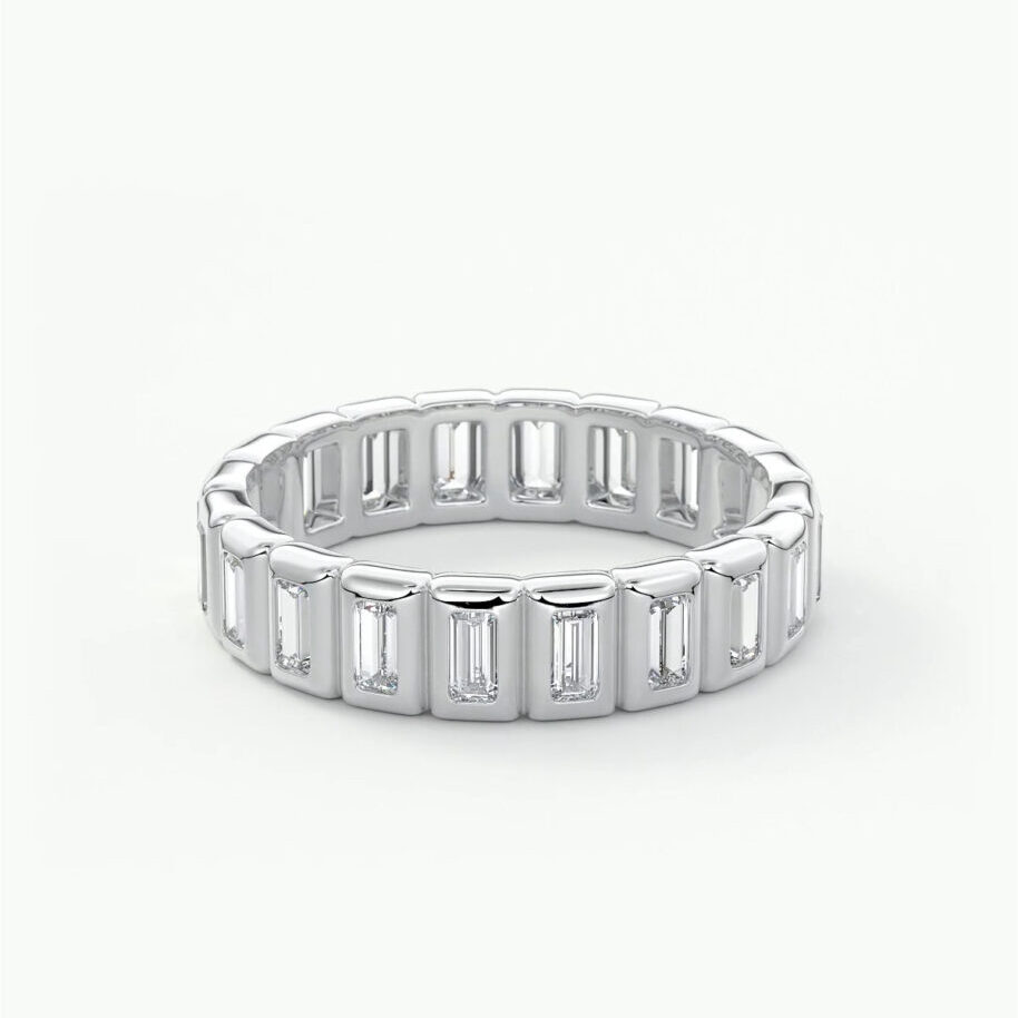 Bezel set baguette diamond eternity ring in white gold 