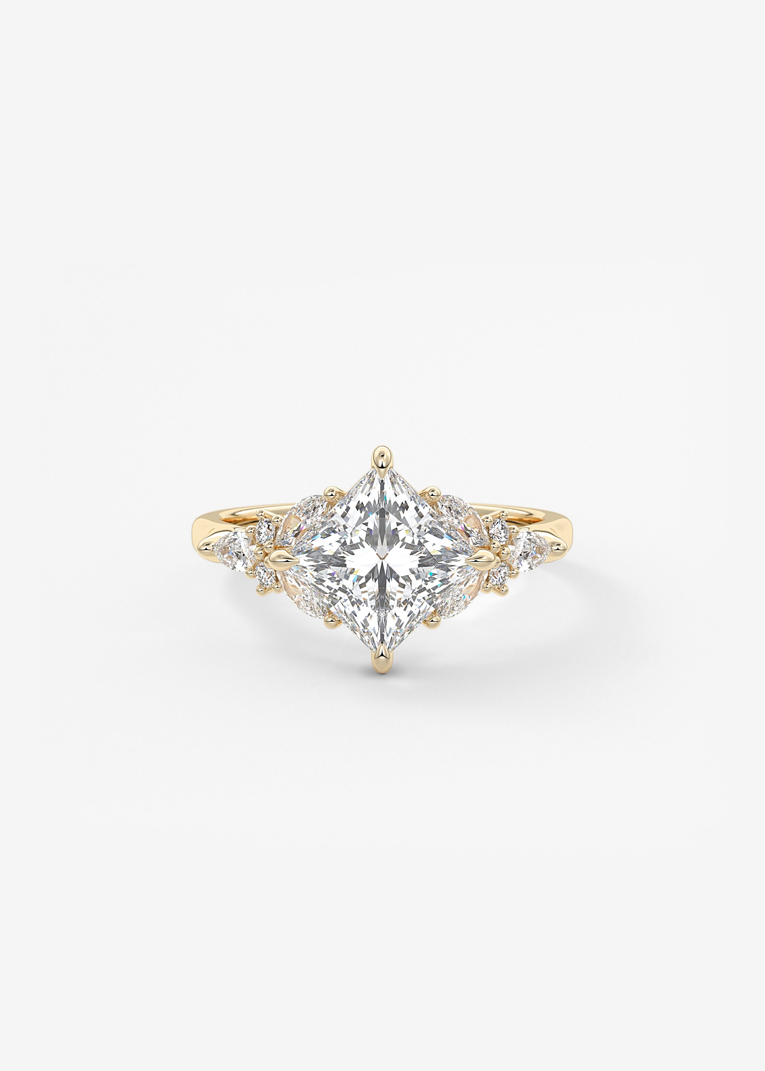 The Primavera  engagement in YG metal featuring Princess cut with Cluster,Prong,Diamond Details,Nature Inspired setting